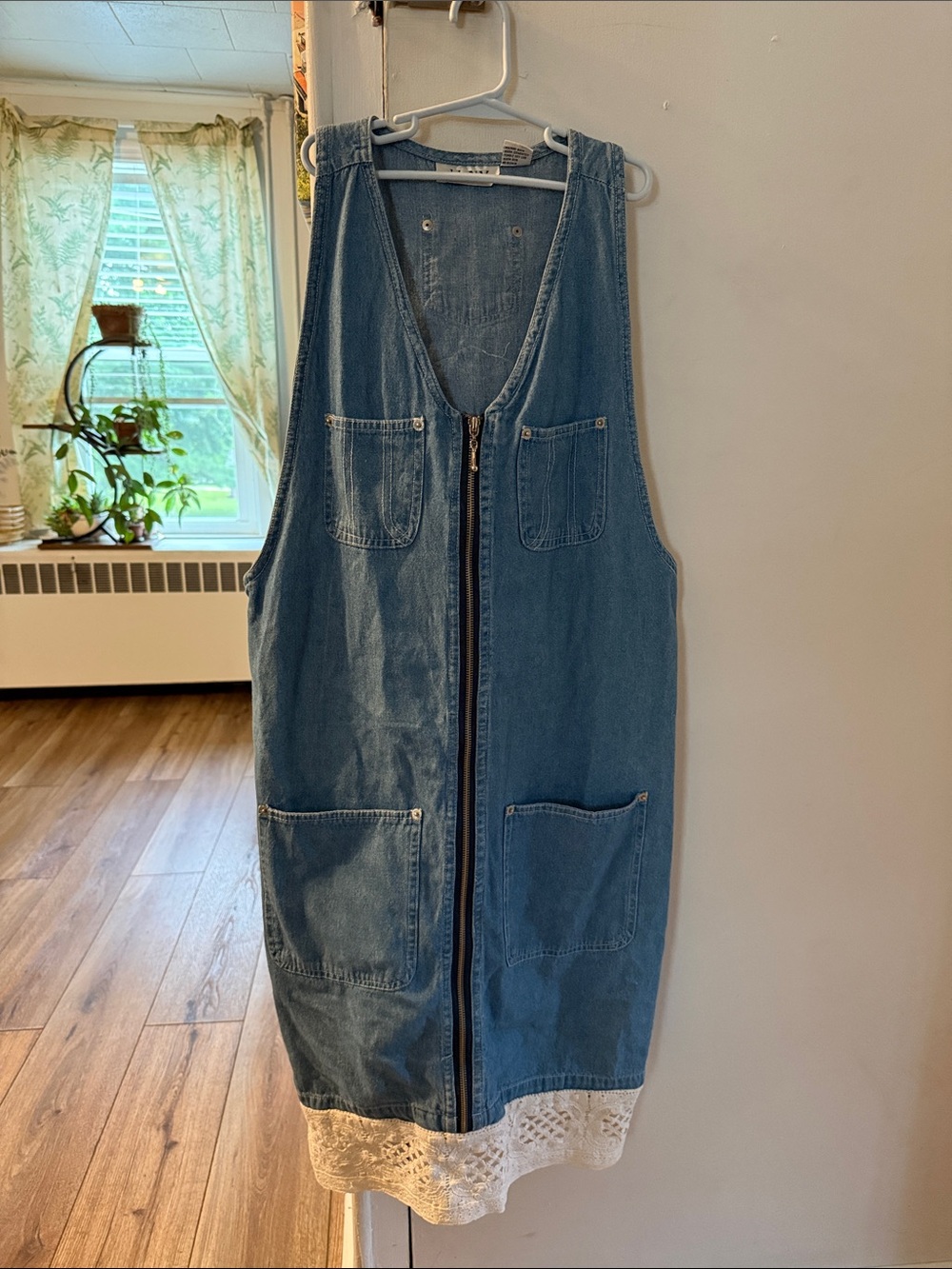 Denim Midi Zip-Front Dress with Crochet Hem and Rear Patch